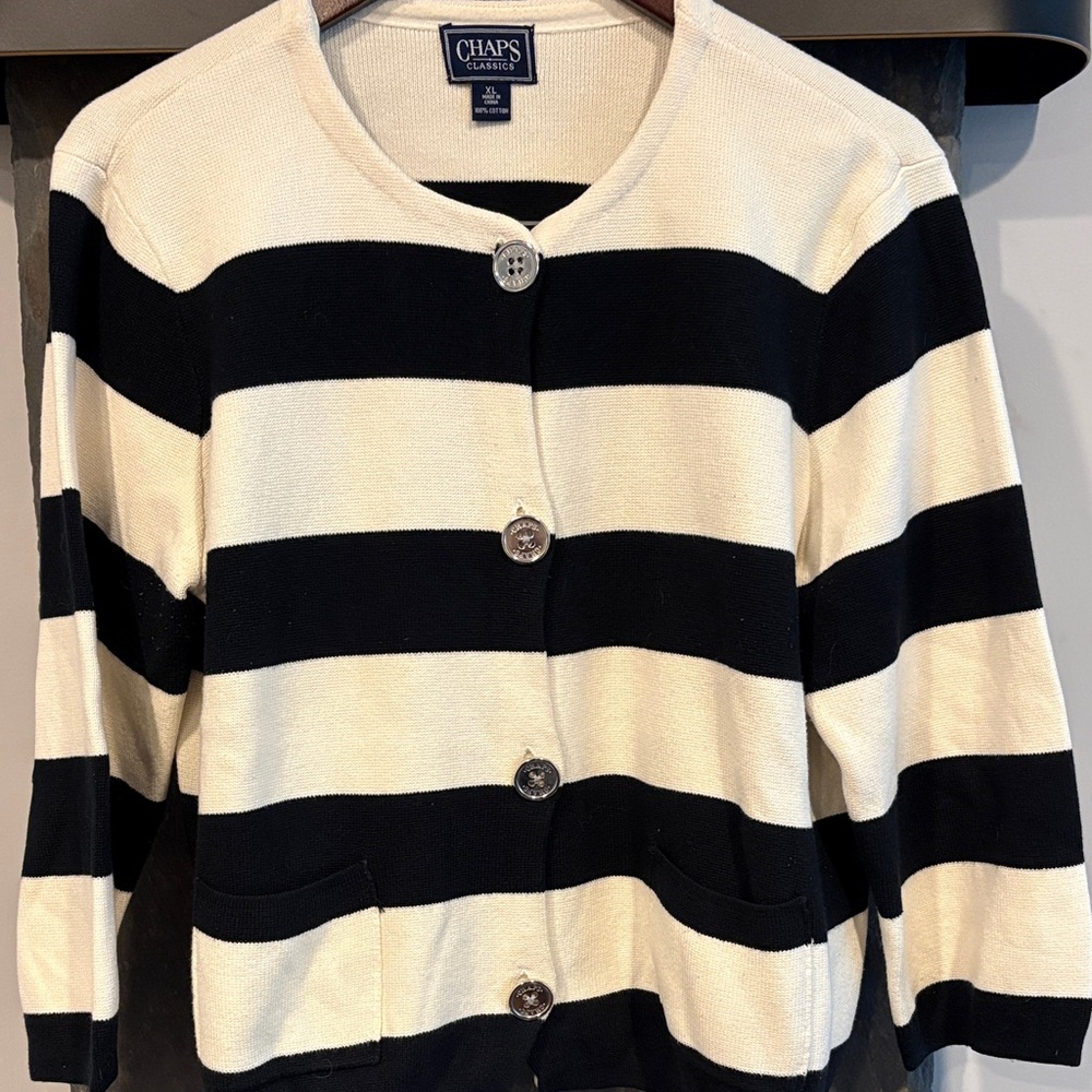 Chaps Women's Black and White Striped Cardigan, XL